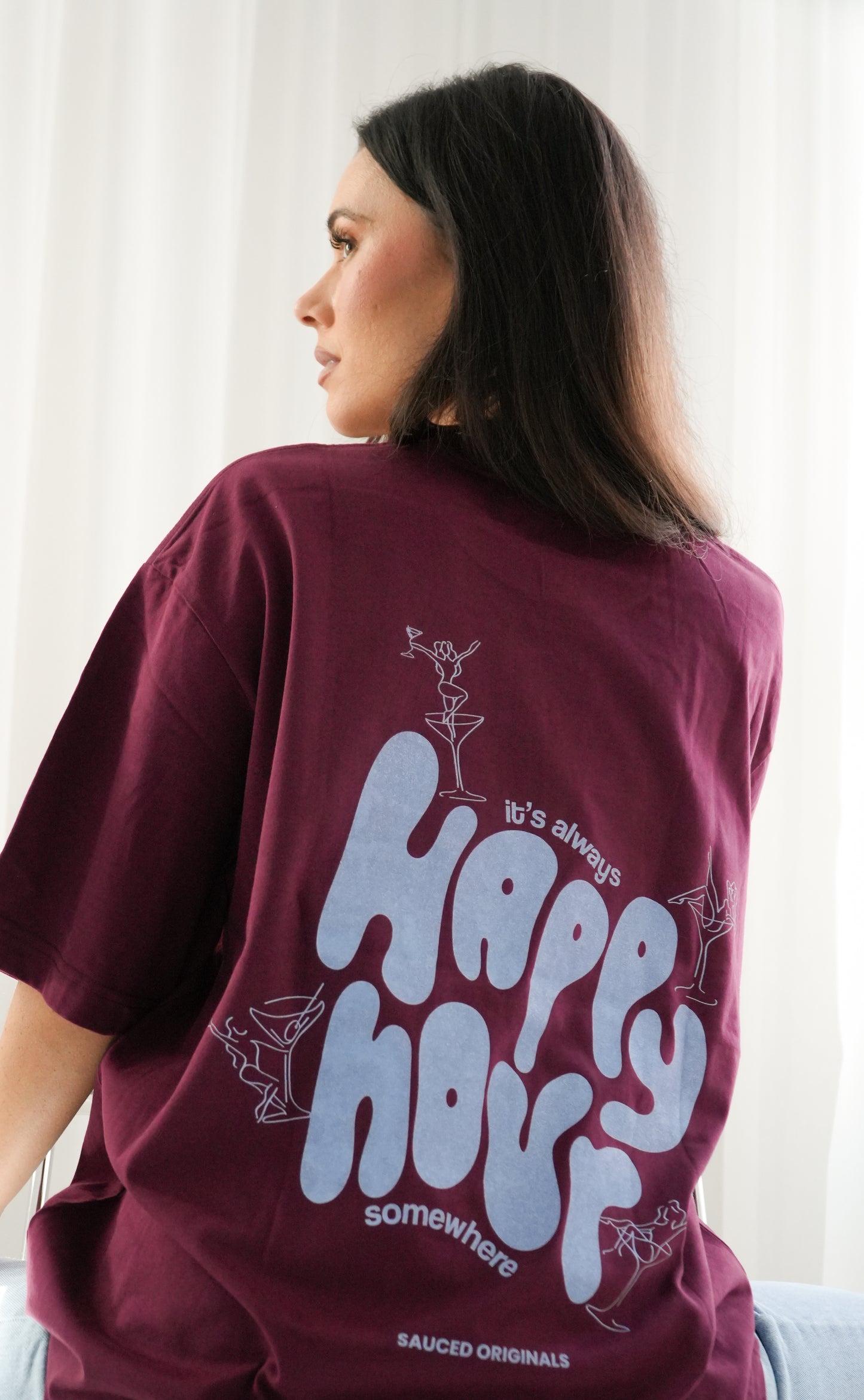blue + burgundy 'happy hour' drop shoulder tee