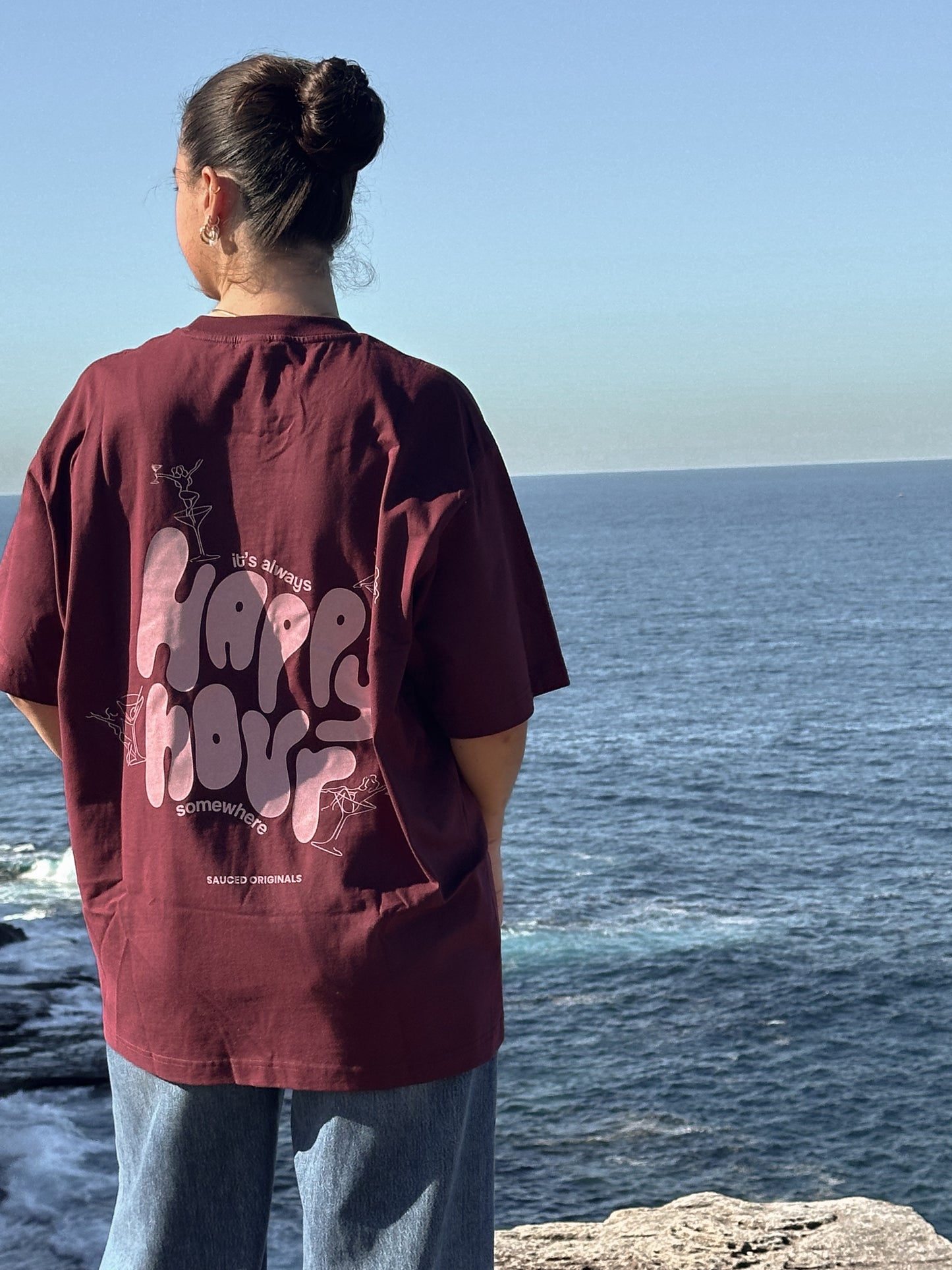 pink + burgundy 'happy hour' drop shoulder tee