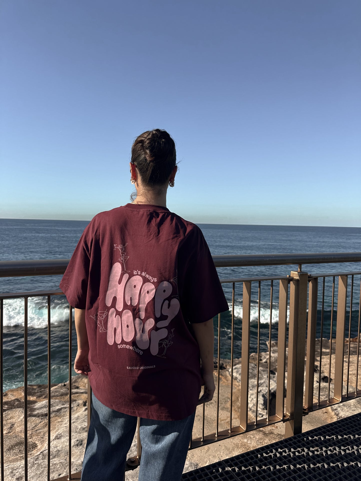 pink + burgundy 'happy hour' drop shoulder tee