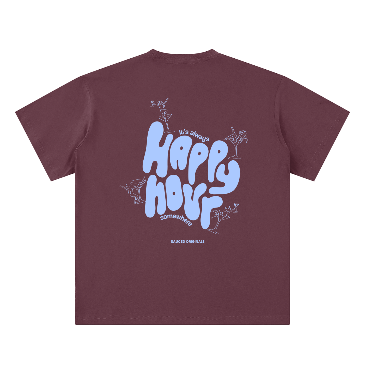blue + burgundy 'happy hour' drop shoulder tee