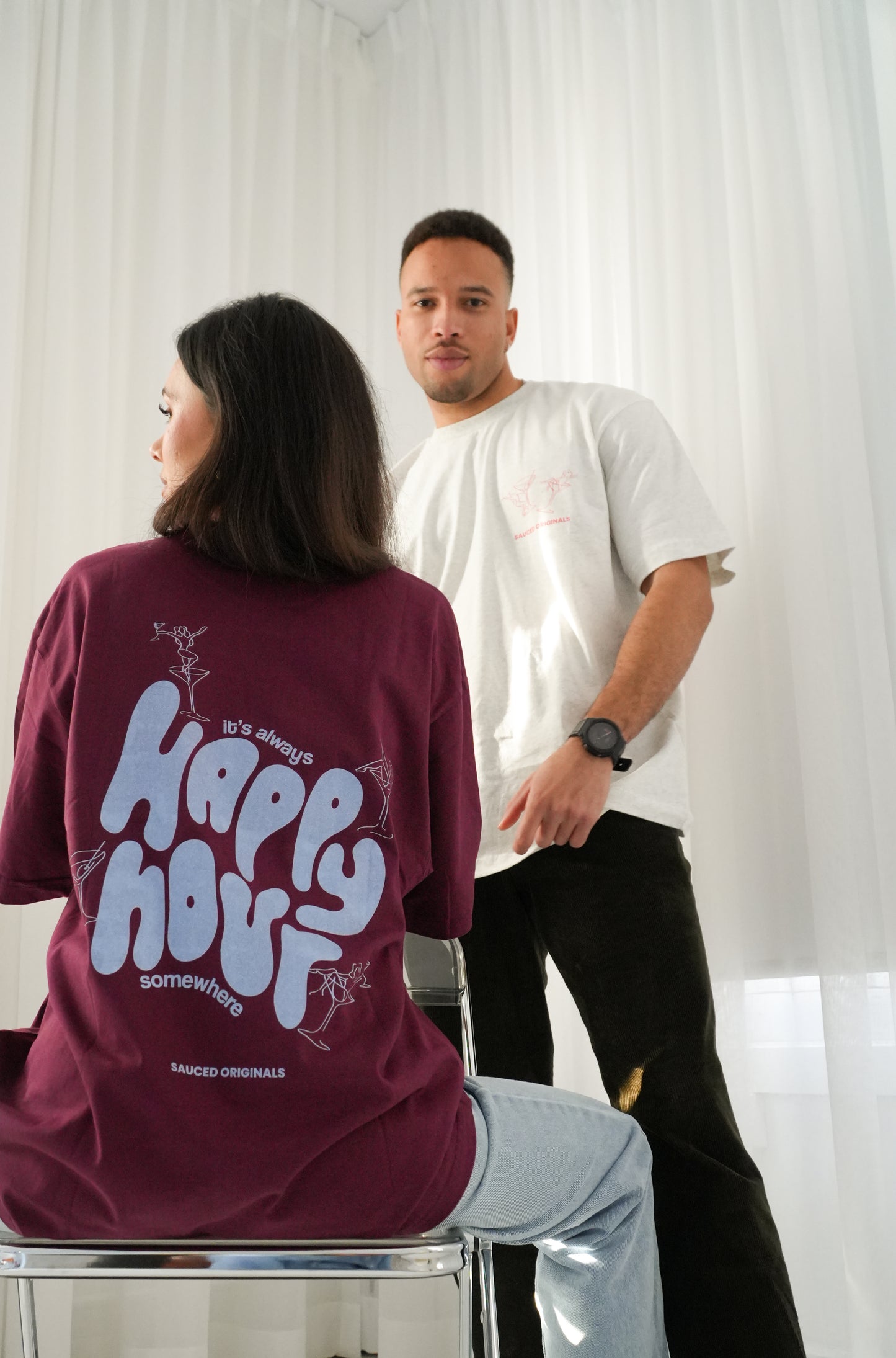 blue + burgundy 'happy hour' drop shoulder tee