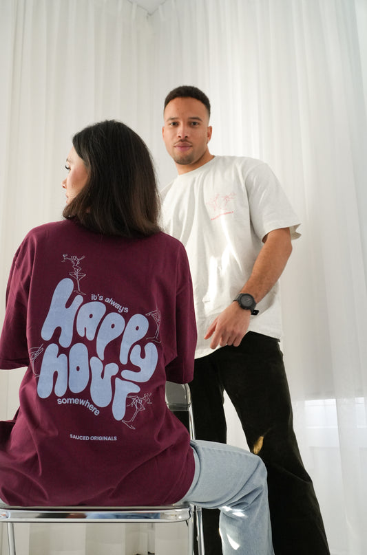 blue + burgundy 'happy hour' drop shoulder tee