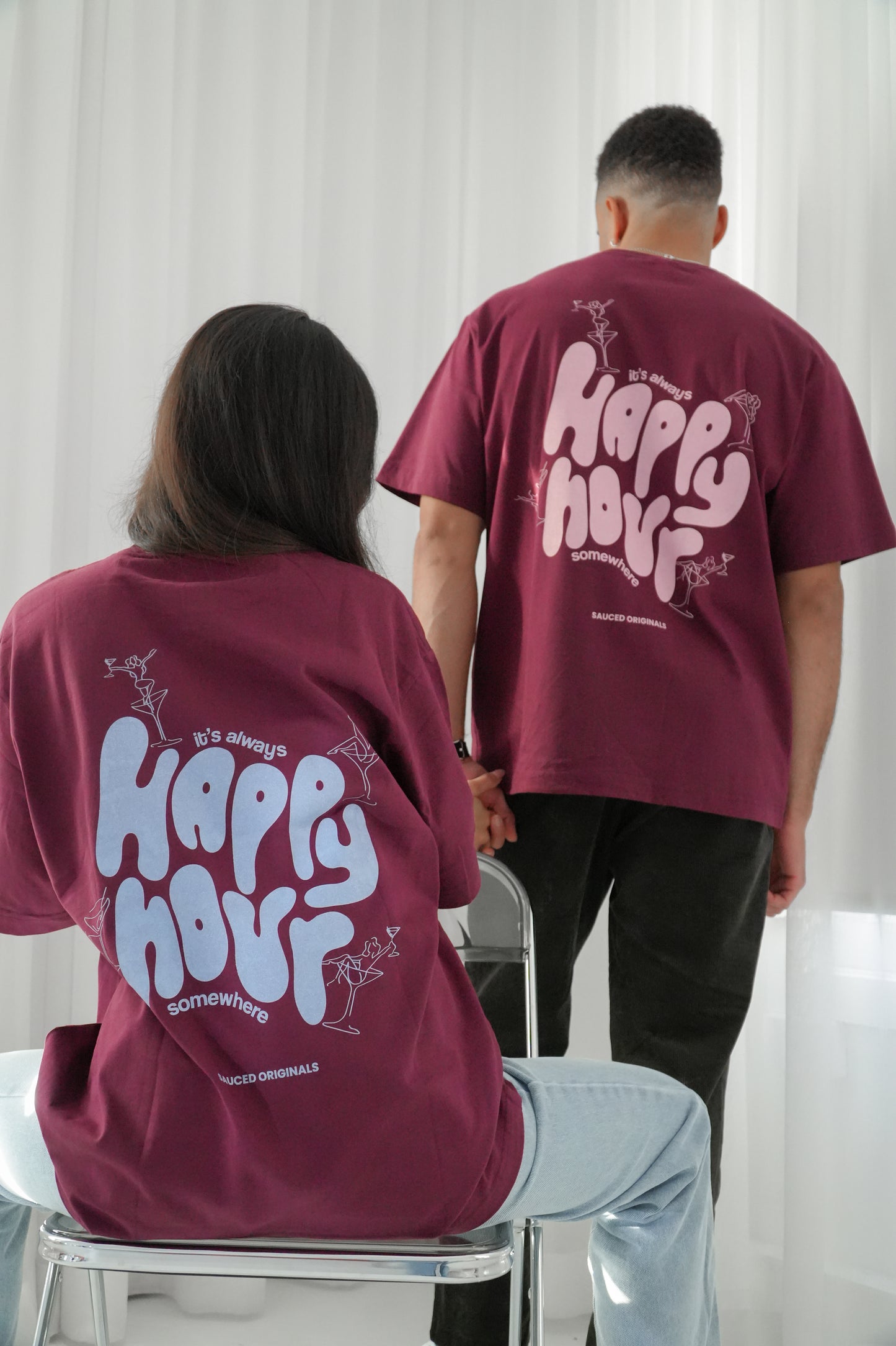 pink + burgundy 'happy hour' drop shoulder tee