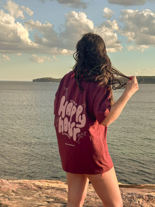 pink + burgundy 'happy hour' drop shoulder tee
