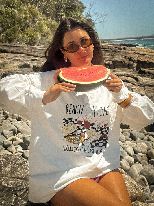 'beach picnic would solve all my problems' long sleeve tee
